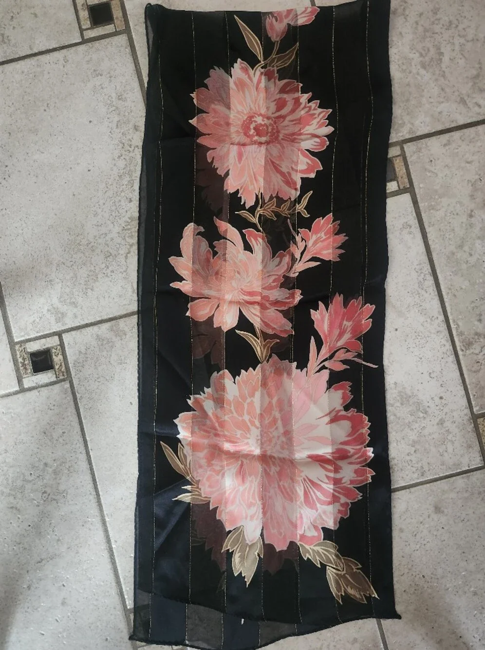 Vtg Sheer Black Floral Silk Scarf with Pink Bloom Print